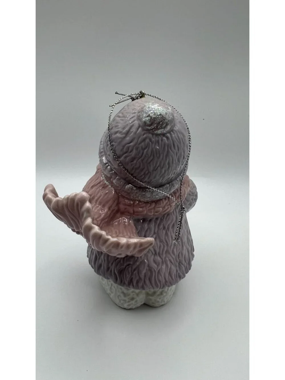 Ceramic Snowman Ornament With Glitter Hat & Scarf Lavender & Pink Accents Hangin